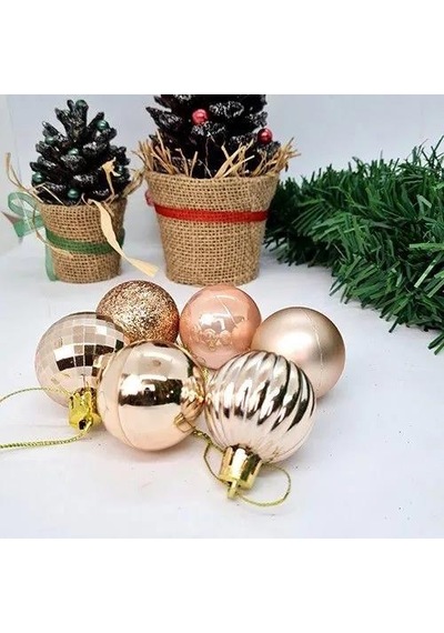 4 Cm - Yılbaşı Lüks Top Süs Seti 24 Adet Rose Gold Simli-parlak-mat-disco-çizgili Asetatlı Kutu