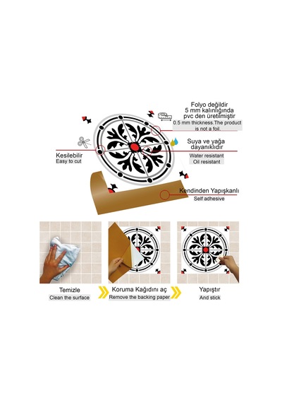 Tink Zemin Duvar Sticker Kırmızılı Yuvarlak Solo Desenli 30x30 Cm 4 Adet 0,36 M²