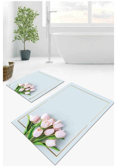 Açık Mavi Çiçekli Banyo Halısı Klozet 2'li Paspas Seti Bs010n11