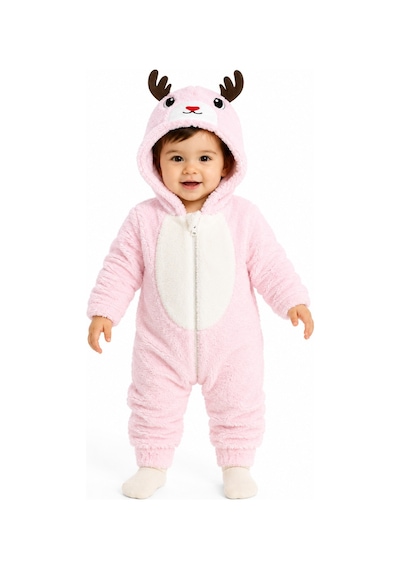 Tatlı Geyik Desenli Welsoft Bebek Tulumu Kapüşonlu Peluş Fermuarlı Kışlık Unisex Bebek Tulumu Pembe