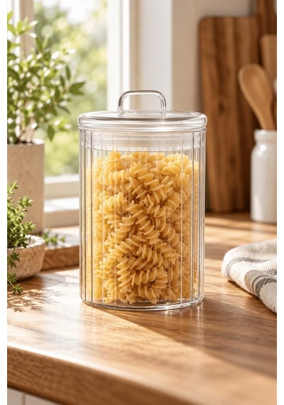 Atbyhome Kulplu Borosilikat Cam Kapaklı Çizgili Cam Kavanoz 1400 Ml - Vakumlu Erzak Ve Bakliyat Saklama Kabı Şeffaf