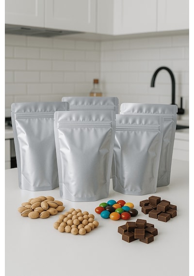 Kilitli Metalize Doypack Kahve Kuruyemiş Bakliyat Kedi Köpek Kuş Yemi Saklama Torbası 20x30 Cm 25li