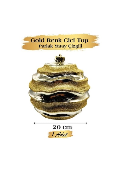 15 Cm Beyaz Yatay Çizgli Parlak Gold Yılbaşı Top Süs Büyük Boy Dekoratif Ağaç Süsü