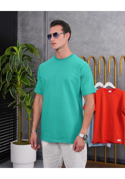Modefendi Pamuk Likra Yırtmaç Detaylı 2 İplik Oversize Tshirt Yeşil