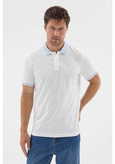 Beyaz-mavi Polo Yaka Pike Kısa Kol Slim Fit %100 Pamuk Tişört 1011260171