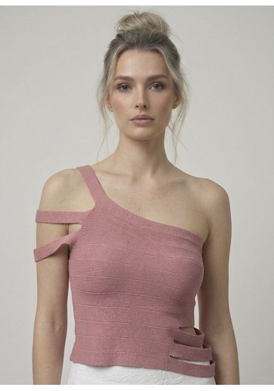 Neden Tekstil Asimetrik Tek Omuz Triko Crop Bluz - Gül Kurusu