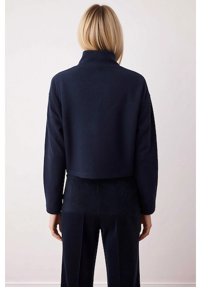 Benerly Kadın Dik Yaka Düşük Kol Fermuarlı Regular Kalıp Örme Sweatshirt Lacivert