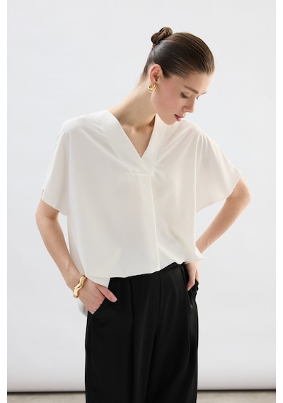Sateen Geniş Kısa Kollu Bluz - Ekru-136761 Ekru