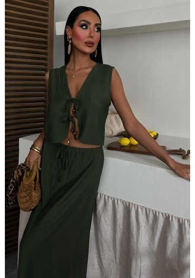 Moderie Butik Yelek Önden Bağlamalı Uzun Etekli Takım 10192 Haki