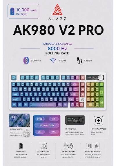 Ak980v2 Pro 8000 Hz Kablosuz Mekanik Oyun Klavyesi-tft Ekranlı-rapid Trigger