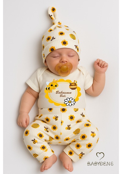 Babyden's Babasının Balı Yazılı 3lü Yenidoğan Takımı Arı Desenli Patikli Alt,bere,çıtçıtlı Kısa Kollu Body Ekru