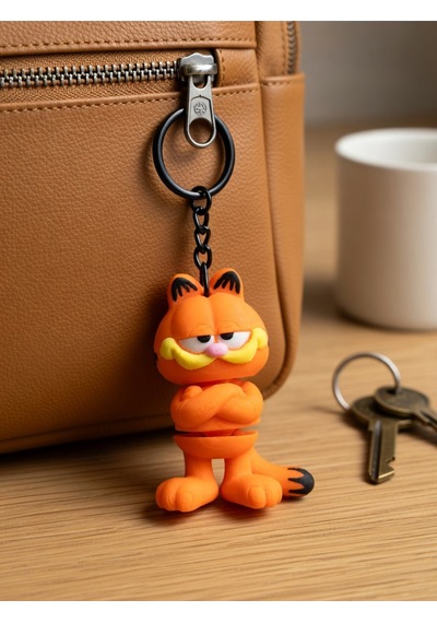 2 Adet Klasik Garfield Kedi Anahtarlığı 3d Esnek - Siyah Zincirli Turuncu