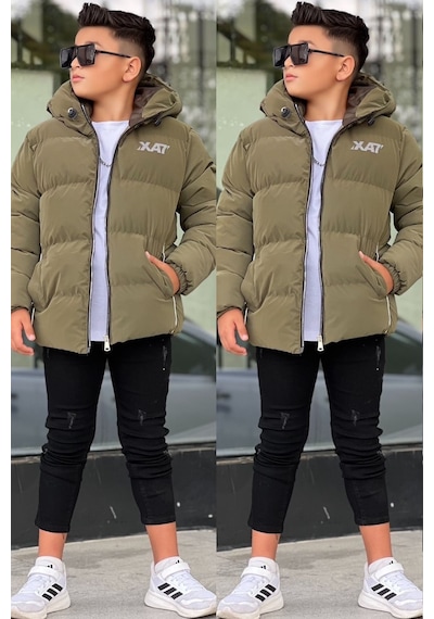 Pina Kids Erkek Çocuk Kapüşonlu Baskılı Reflöktör Detaylı Nova Kumaş Kışlık Şişme Mont Km4017 Haki