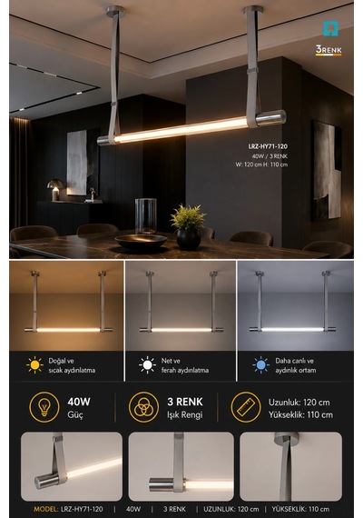 Modern Premium Led Sarkıt Avize Halka Tasarım Salon Yemek Odası Avizesi 40w 3 Renk Işık Beyaz