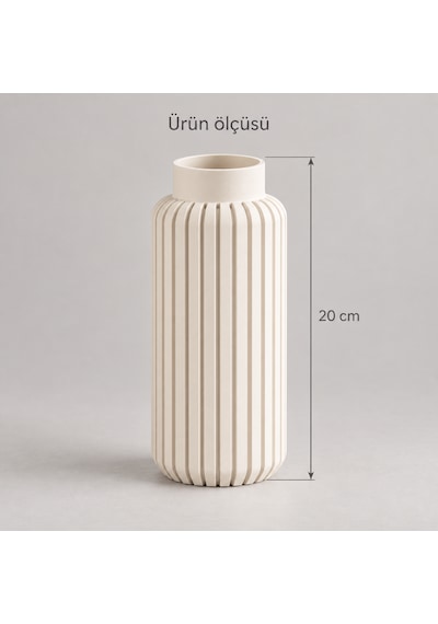 Dikey Çizgili Dekoratif Vazo 20 Cm Modern Silindir Tasarım Krem