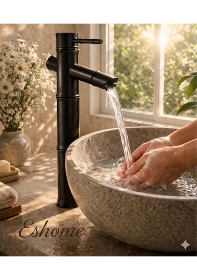Eshome Siyah Lavabo Bataryası Çanak Lavabo Uyumlu Pirinç Gövde Mat Siyah Modern Banyo Musluğu