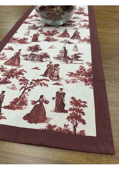 Toile De Jouy Paris Runner 40x110 Cm %100 Pamuk Dijital Baskılı Masa Örtüsü Klasik Fransız Tarzı Masa Dekoru - Zt700 Kırmızı