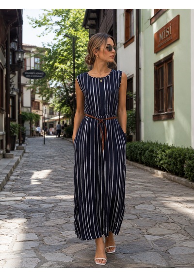Bidesing Kadın Dar Kesim Bisiklet Yaka Çizgili Maxi Elbise Lacivert - Beyaz
