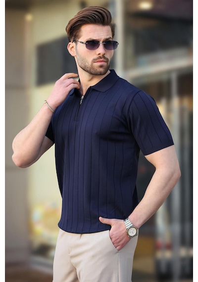 Madmext Madmext Lacivert Polo Yaka Fermuarlı Erkek T-shirt E7298 Lacivert