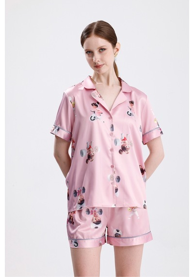 Laperissa Luna Desenli Saten Şortlu Pijama Takımı Pembe