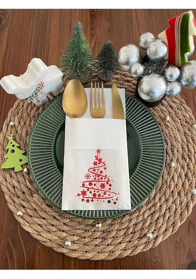 Kırmızı Yaldızlı Beyaz Cepli Çam Ağacı Peçete 12 Adet 40x40