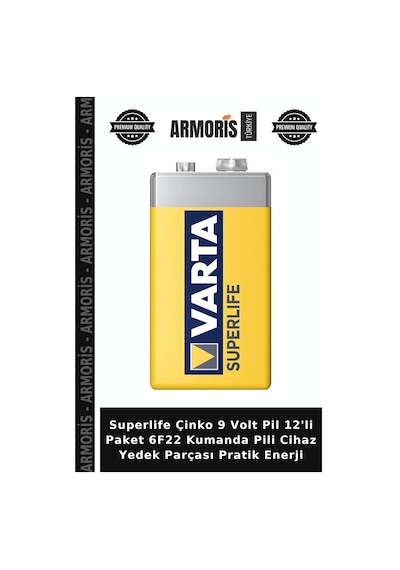 Superlife Çinko 9 Volt Pil 12'li Paket 6f22 Kumanda Pili Cihaz Yedek Parçası Pratik Enerji
