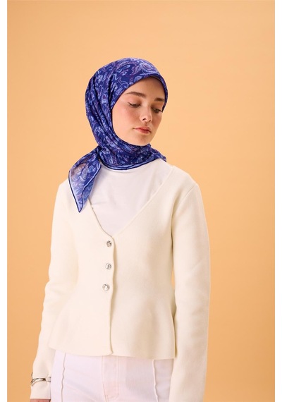 Silk Home İnce Pamuk Soft Eşarp Morcivert-lila Desenli Tok Duruşlu 90x90 Çok Renkli