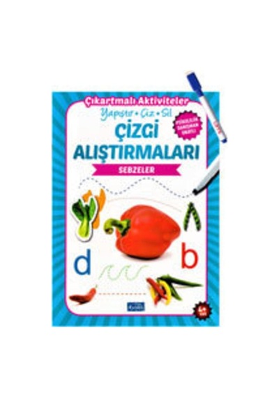 Yaz Sil Çizgi Alıştırmaları Sebzeler - Çıkartmalı Aktiviteler Yapıştır - Sil- Çiz