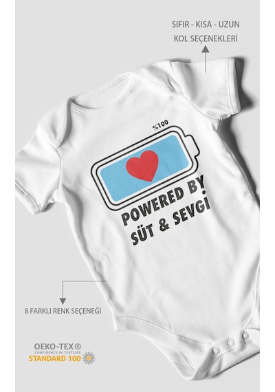 Powered By Süt Ve Sevgi Baskılı Bebek Zıbını Çıtçıtlı Body 8 Renk %100 Pamuk Kısa Kol Beyaz