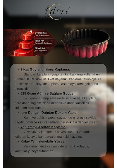 Kitchendore Turta Ve Tart Kek Kalıbı Cherry Red Kalın Döküm Üç Katmanlı Kaplama 525 Gram Diğer