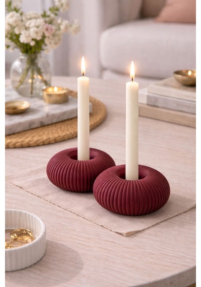 Dekoratif 2'li Şamdanlık Bordo Renk Bordo