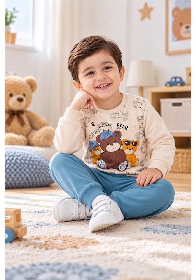 Tucankids Erkek Çocuk Eşofman Takımı Ayıcık Baskılı Sweatshirt Jogger Alt 2 Li Takım Bej - Turkuaz Tucankids Erkek Çocuk Eşofman Takımı Ayıcık Baskılı Sweatshirt Jogger Alt 2 Li Takım Bej - Turkuaz