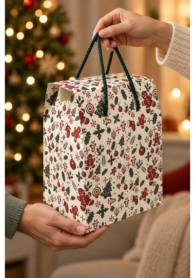 Yılbaşı Temalı İpli Karton Hediye Çantası, 1 Adet-20x14x25 Cm Yeniyıl Çam Ve Kurabiye Desenli Poşet