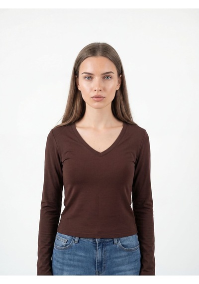 Slim Crop Fit Kadın Tshirt U.kol Kahverengi Slim Crop Fit Kadın Tshirt U.kol Kahverengi