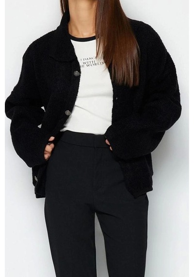 Ersefa Kadın Modern Tarz Oversize Polo Yaka Regular Triko Hırka Siyah