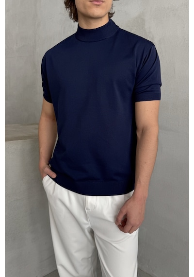 Erkek Oversize Yarım Balıkçı Triko T-shirt Lacivert