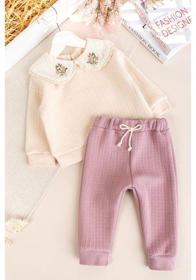 Babymod Bebe Yaka Çiçek İşlemeli 2'li Kız Bebek Takım Set Gülkurusu