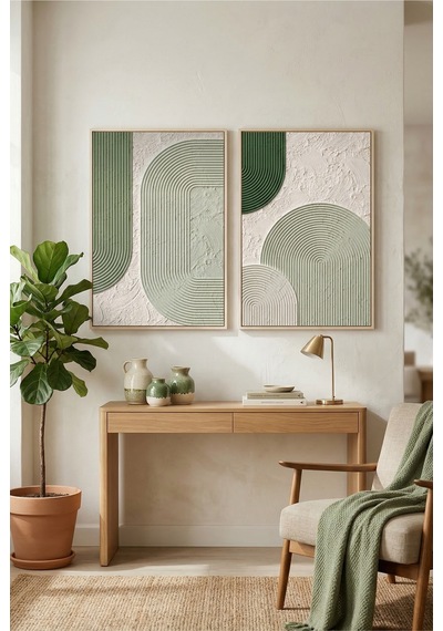 Doğal Ahşap Çerçeveli Yeşil Geometrik Soyut Modern Duvar Tablosu 2 Li Set Kabartma Görünümlü Ahşap