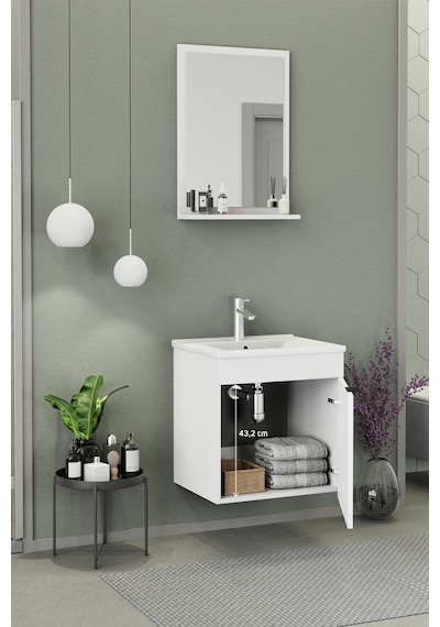 Biani Fix Arya 55 Cm Banyo Dolabı,Seramik Lavabolu, Aynalı,Lavabo Dahil,Mdf,Mat Beyaz