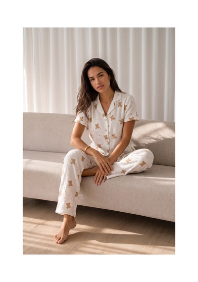 Fit Women Kadın Loose Uzun Paça Pamuk Kırık Beyaz Pijama Takımı