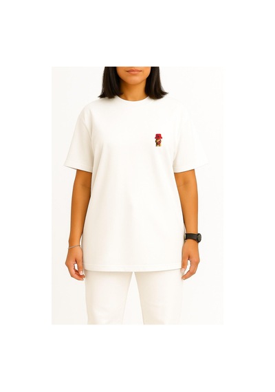 Bahriyeli Collection Oversize Oso Teddy Bear La Los Angeles Cep Ve Sırt Baskılı Unisex T-shirt Beyaz