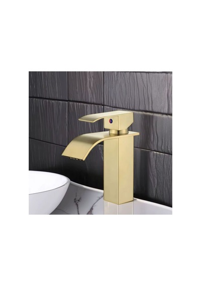 Rena Design Lavabo Bataryasi Mat Gold Şelale Kare Gövde Eğimli Havza Banyo Armatür Çift Giriş Musluk Lüks Ergo