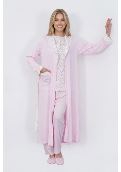 Mecit Pijama Mecit 6397 Pembe Kadın Uzun Sabahlıklı Pijama Takımı