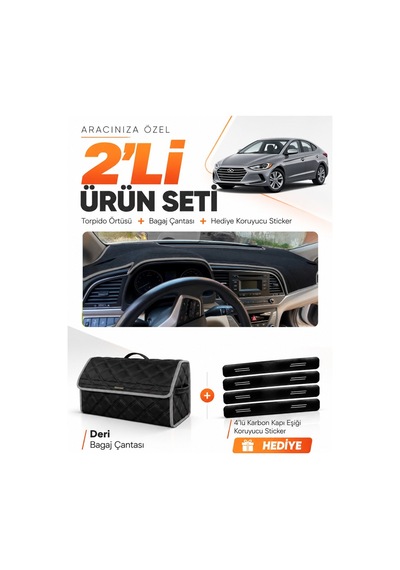 Hyundai Elantra 2017-2020 Uyumlu Torpido Örtüsü + Deri Bagaj Çantası + Sticker Seti - Siyah Gri