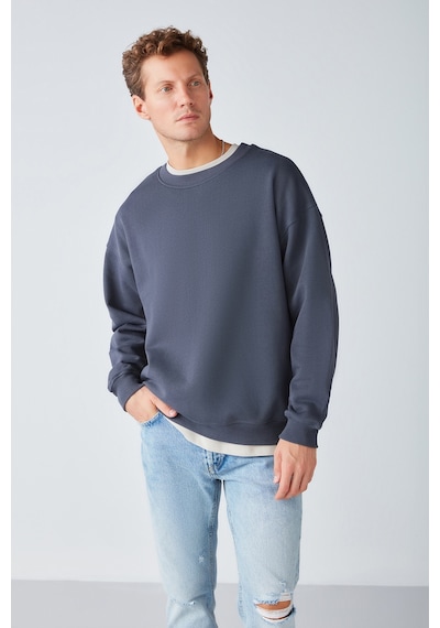 Grimelange Stephan Erkek Yumuşacık Kumaşlı Organik Pamuklu Oversize Fit Yuvarlak Yakalı Antrasit Sweatshirt
