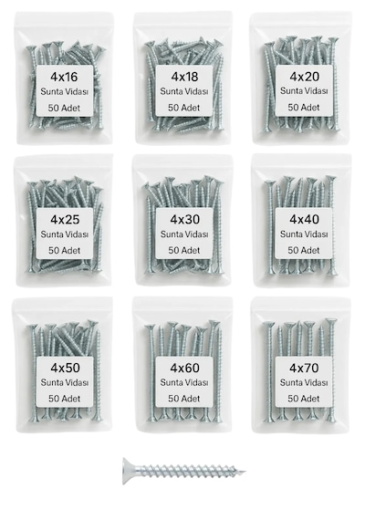 Ağaç Ve Sunta Vidası Seti 450 Vida / 9 Boy 16-70 Mm 4 Çap 4 MM