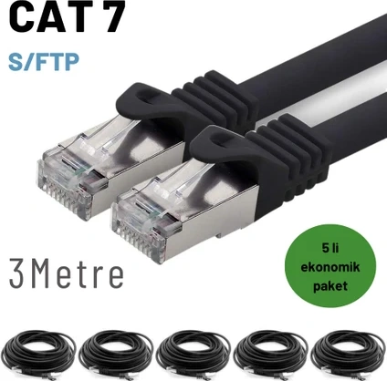 5 Adet 3 Metre Siyah Cat7 Kablo S/ftp Ethernet Network Lan Ağ Kablosu