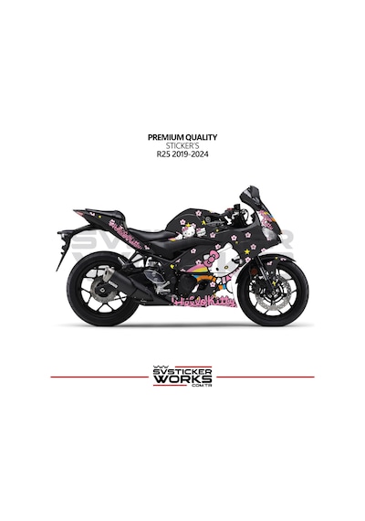 Yamaha R25 Hello Kitty Kaplama Sticker Motor Kaplama Modeli Hazır Kit 2019 / 2024 Uyumlu Siyah