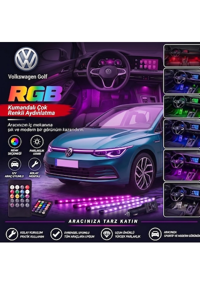 Volkswagen Golf Ayak Altı Led Kumandalı Araç Içi Aydınlatma 4 Lü Sese Duyarlı Renk Değiştirme Özellikli