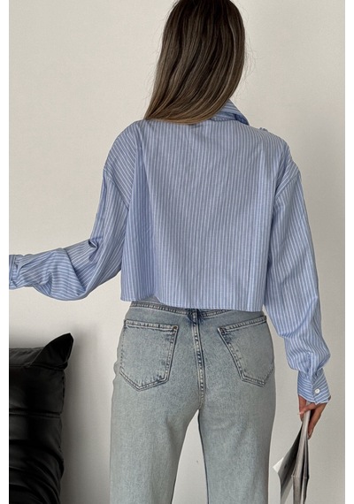 Femelle Mavi Tasarım Çizgili Crop Gömlek